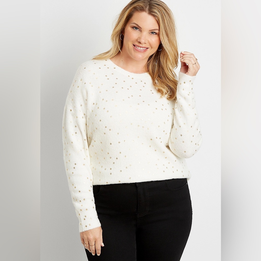 Maurices Gold Metallic Polka Dot Ivory Sweater XXL Holiday Crewneck